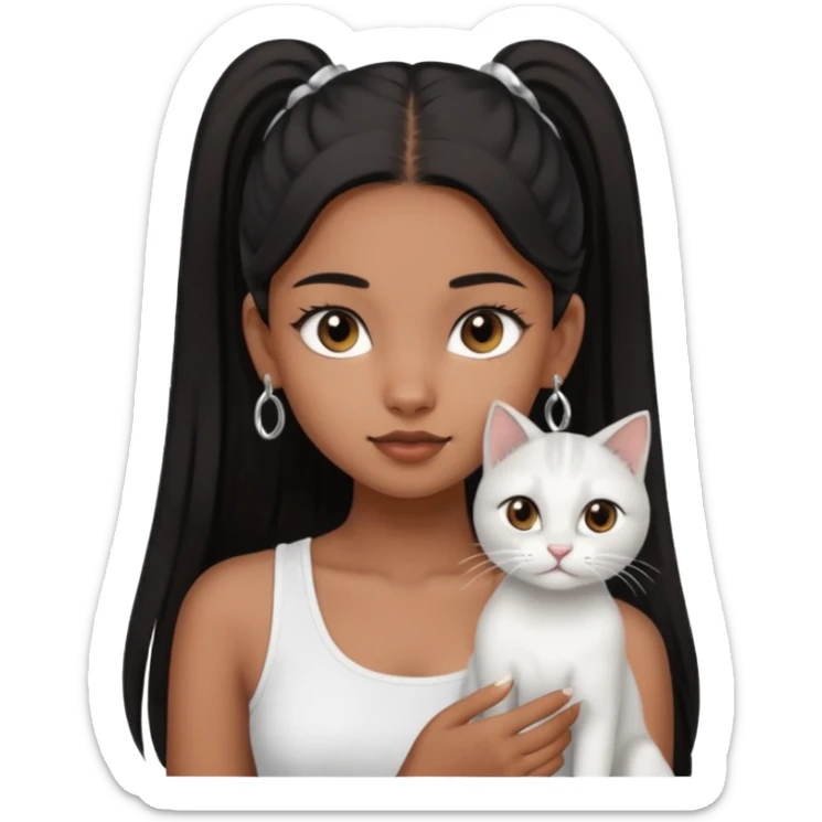 An brown skin Teenager girl with brown eyes, long black hair in one high ponytail, with a white crop top holding her grayish-white cat, and small silver earrings sticker