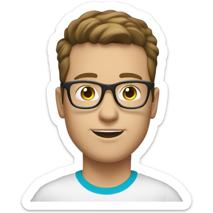 white young man with blue eyes and brown hair and square glasses wearing green t-shirt with laptop sticker