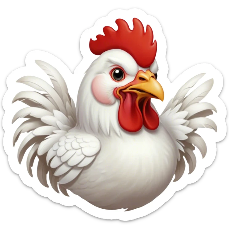 Cinematic Cute Yawning White Rooster Portrait Emoji, Head tilted slightly with a dramatic, wide-open yawn, showcasing a soft, downy white plumage with a crisp red comb and drooping wings, round eyes barely open in drowsy contentment, Simplified yet irresistibly adorable features, highly detailed, glowing with a soft, cozy glow, high shine, relaxed yet expressive, stylized with a touch of whimsy, bright and endearing, soft glowing outline, capturing the essence of a sleepy yet affectionate rooster, so drowsy it feels like it could stretch out of the screen and curl up for a nap! sticker