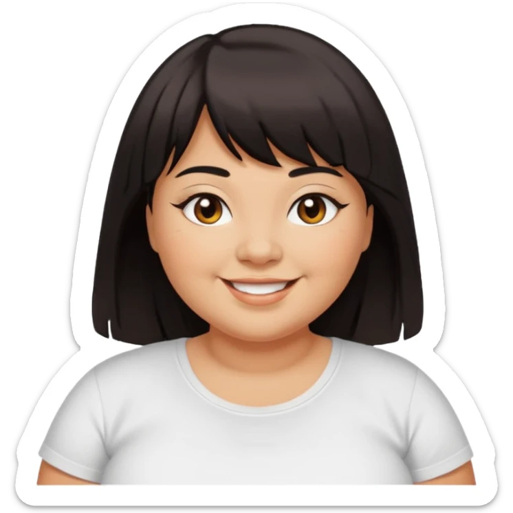 overweight woman with tan skin, black eyeliner, long dark hair with bangs, brown eyes, smiling, white t-shirt sticker