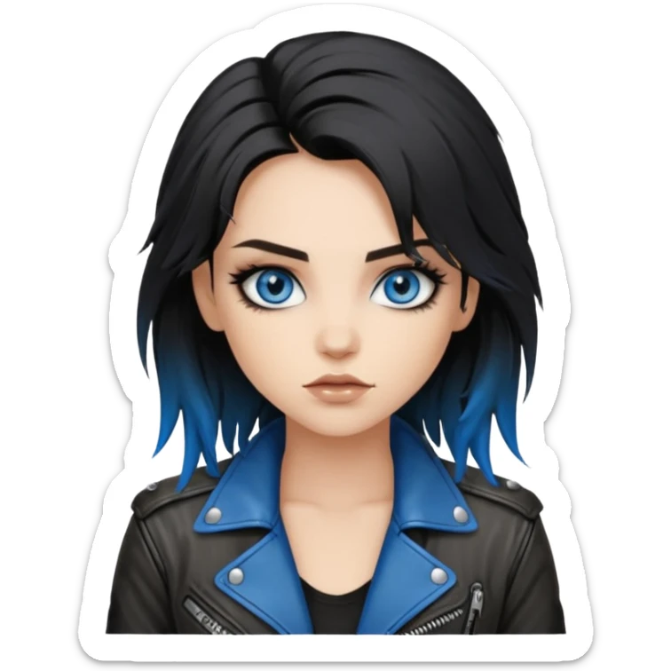 
 rockstar girl with black disheveled hair, blue eyes, Smokey eyes grunge makeup,  sticker