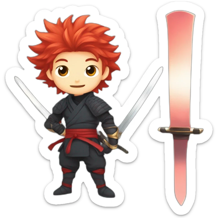 Anime ninja with Red haired young boy with cheeky grin and pointy fluffy hair with a sword in a defense pose sticker
