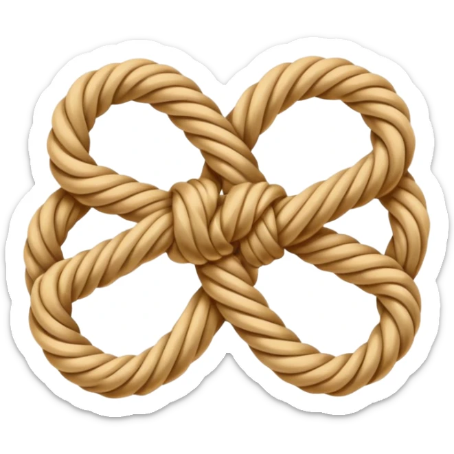 Emoji-style illustration of a neatly tied bowline knot made of natural rope. The knot should form a clean loop with a visible knot structure, rope texture, warm beige and golden tones, isolated on white background, soft shadows, minimal composition. sticker