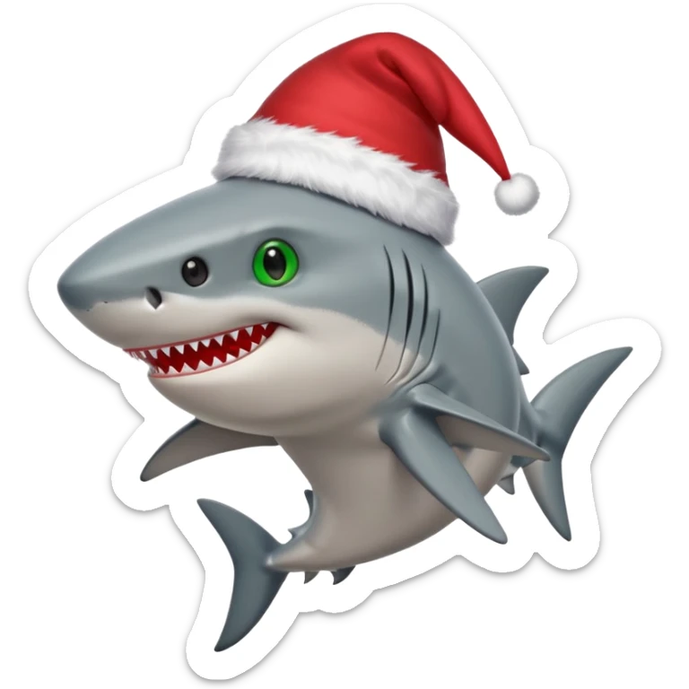 Shark with green shoes and red eyes wearing a Christmas hat sticker
