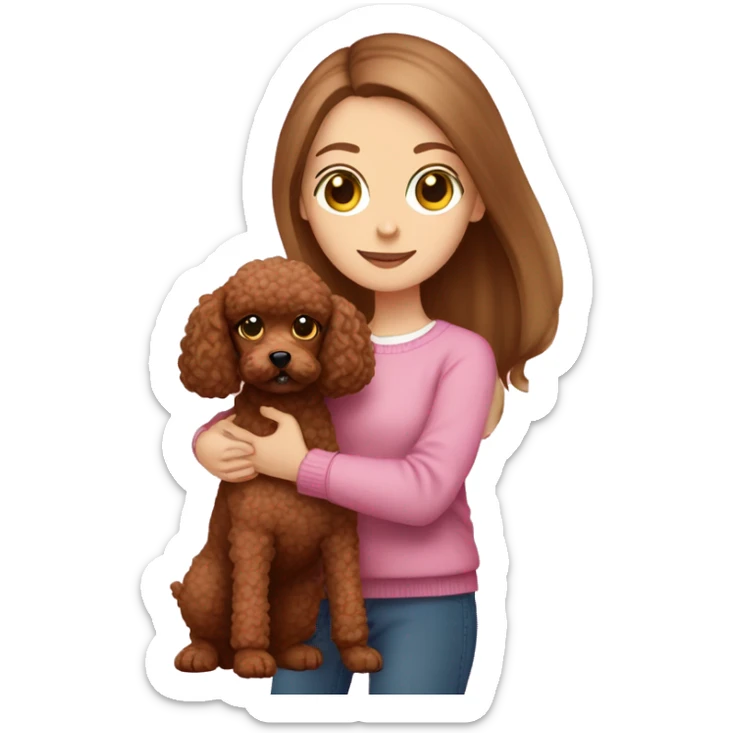 Pretty green eyed white girl with straight long brown hair in a pink sweater holding a brown toy poodle sticker