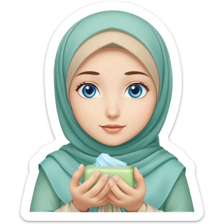 Turkish beautiful finish Konya girl blue eyes with beige and light green hijab islamic dress and had on her hand soap   sticker