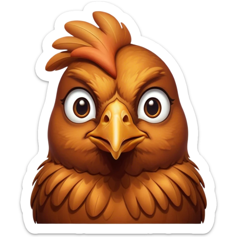 Cinematic Noble Brown Chicken Portrait Emoji, Poised and regal, with a compact, sturdy build and a warm, well-groomed brown plumage, deep-set soulful beady eyes, Simplified yet sharp and sophisticated features, highly detailed, glowing with a soft, dignified glow, high shine, intelligent and earthy, stylized with an air of rustic elegance, focused and attentive, soft glowing outline, capturing the essence of a watchful and confident fowl, so majestic it feels as though it could strut out of the screen with effortless authority! sticker