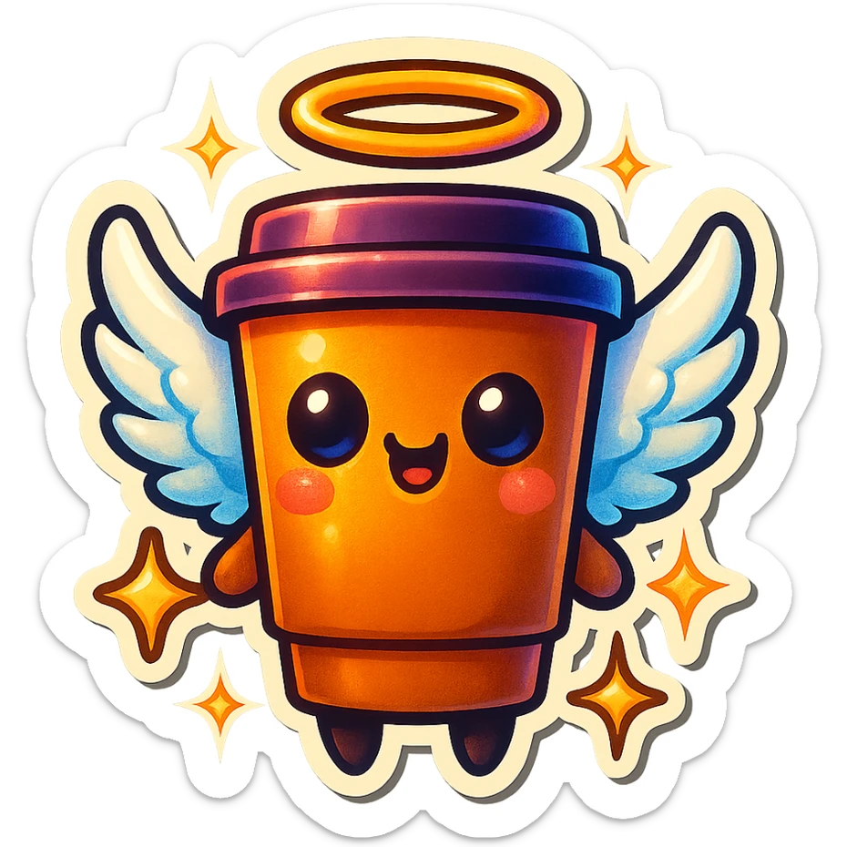 Tall coffee cup, shiney eyes, angel halo, wings, star sparkles sticker
