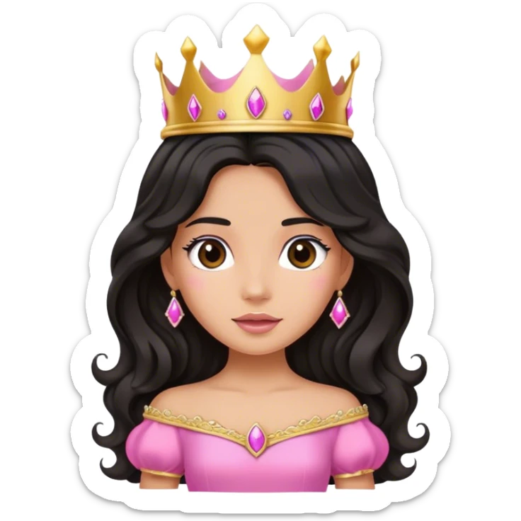 Very tanned princess, with long black wavy hair and a crown, a pink princess Outfit with a cute expression sticker