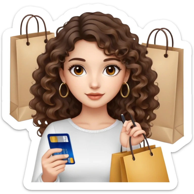 cute girl LONG LONG brunette balayage curly/wavy not voluminous hair, brown eyes, hoop earrings, natural pretty clean makeup: holding a credit card and lots of shopping bags sticker