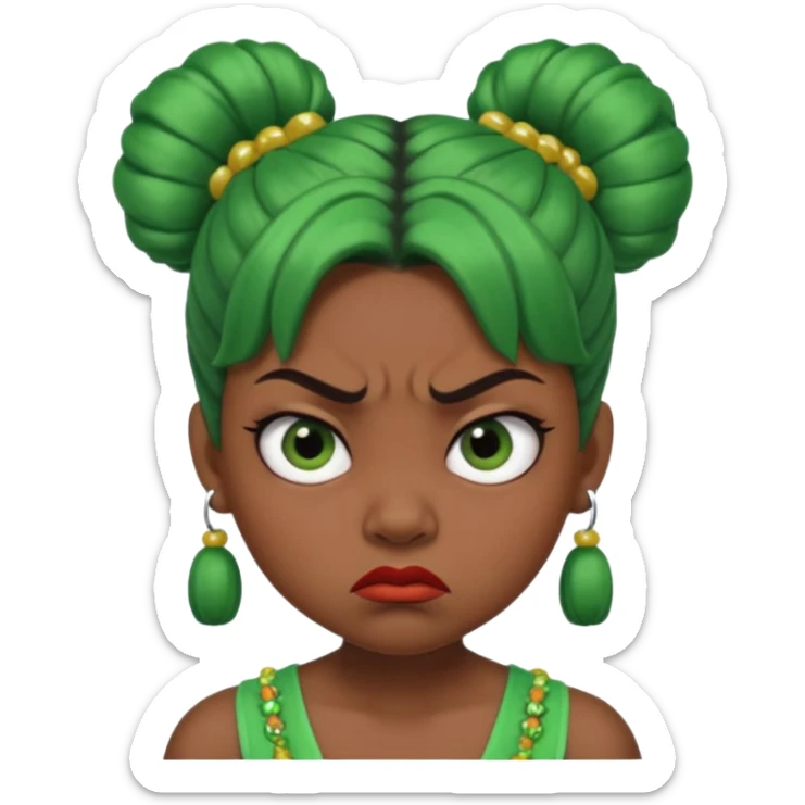Create a 3D cartoon-style girl character with dark skin, round face, angry expression, big wide eyes, and tightly styled double buns made of green beaded hair. The girl should look irritated, eyebrows sharply angled, and lips pressed in a frown. sticker