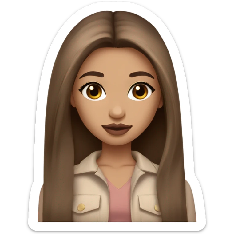 Albania girl, clean girl look, light skin, long eye lashes, pink beige volume lips, brown eyes, long brown ombre straight hair,  sticker