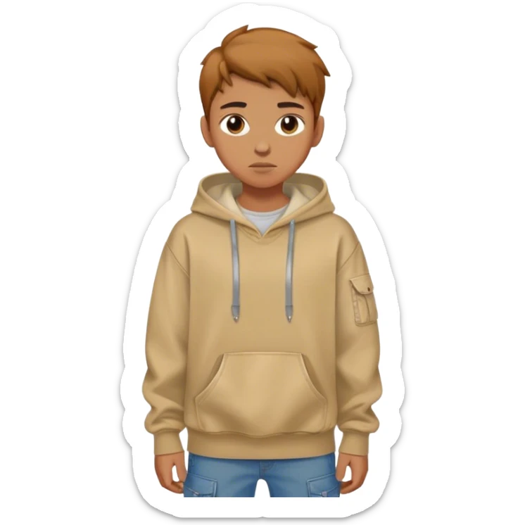 a teenage boy with caramel skin and caramel hair with a low tupper hair but shorter, shaved. baggy beige hoodie and cargo jeans sticker