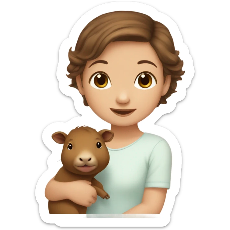 happy little baby gorl girl with brown hair holding capybara  sticker