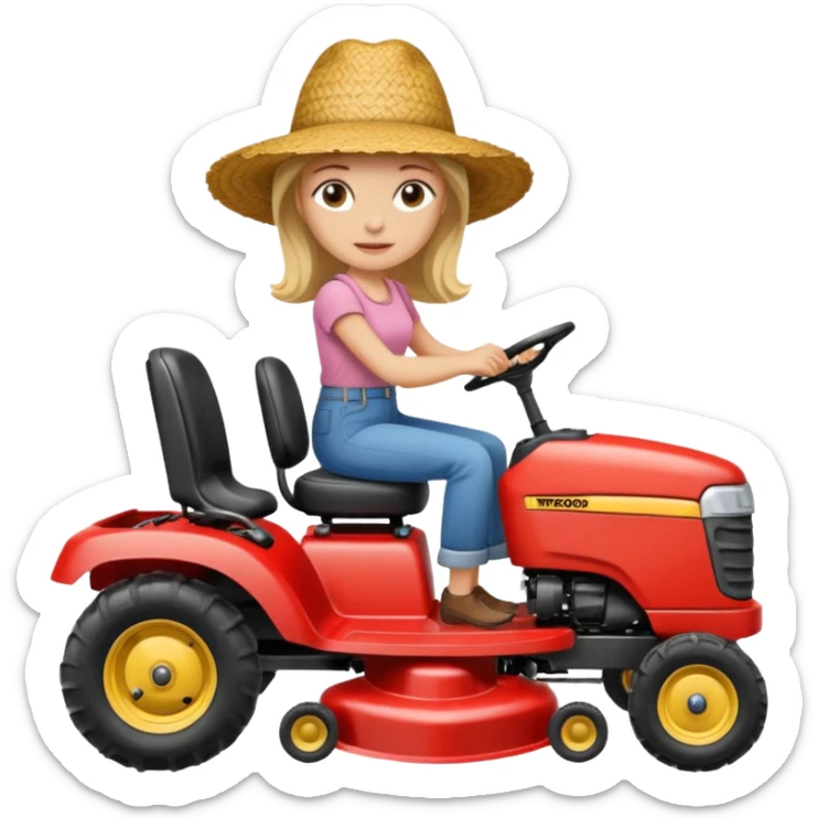 White woman without glasses wearing a straw hat, on old Westwood ride on lawn mower.  sticker