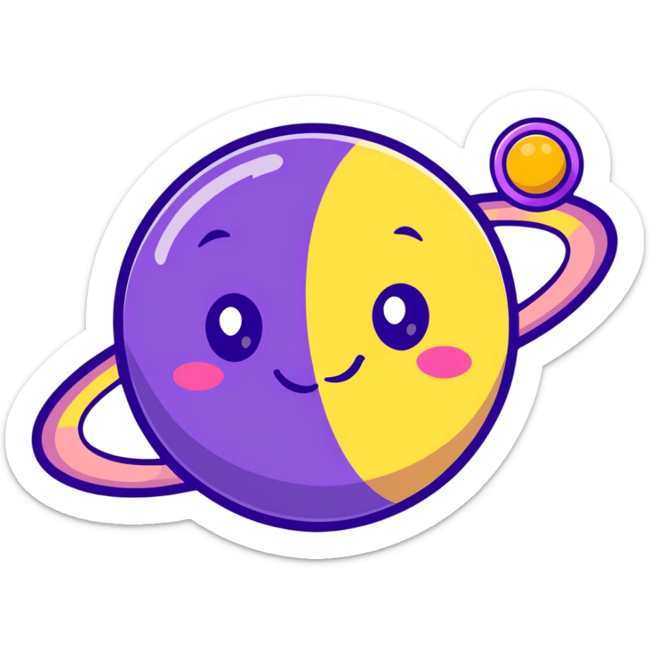 purple planet with colorful rainbow rings and a cute happy face with rosy cheeks sticker