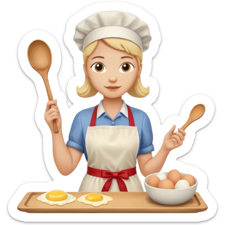 A carton of eggs, butter and a cream ceramic baking bowl with a wooden spoon in it sticker