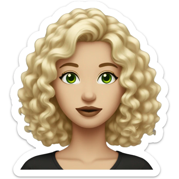 Woman blonde curly medium length hair, green eyes, neutral lips black shirt sticker