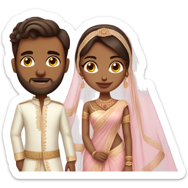 White western bride in saree without veil and tall brown indian groom in pale pink outfits  sticker
