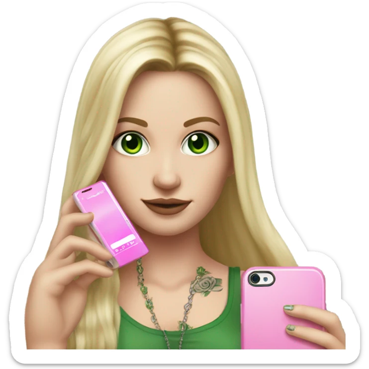 Realistic White girl with Long straight blonde hair, green eyes, tattoos, full body wearing white crop top, holding pink phone sticker