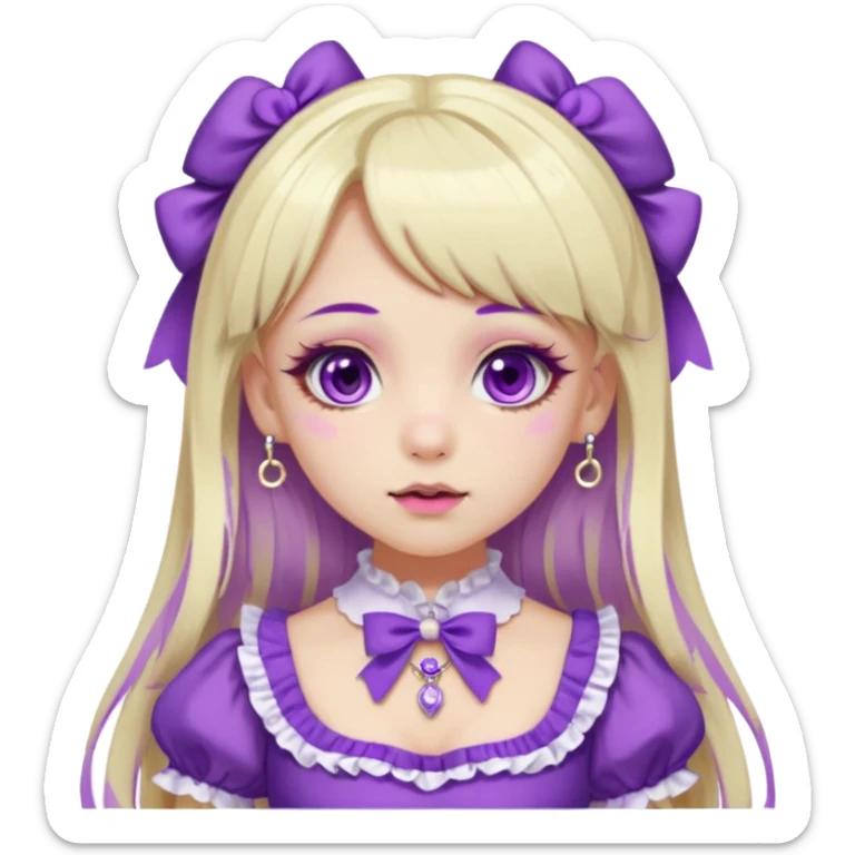 Ai pale girl , who has straight long length blonde and purple swirled hair , hazel eyes , and doll like makeup , with a septum piercing, nostril piercing, in a purple lolita hime gyaru dress emoji sticker