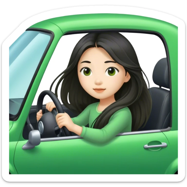 Long hair asian girl driving on her way in a green car  sticker