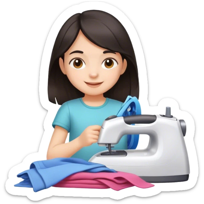 cheerful little girl with dark hair and pile of clothes to iron sticker
