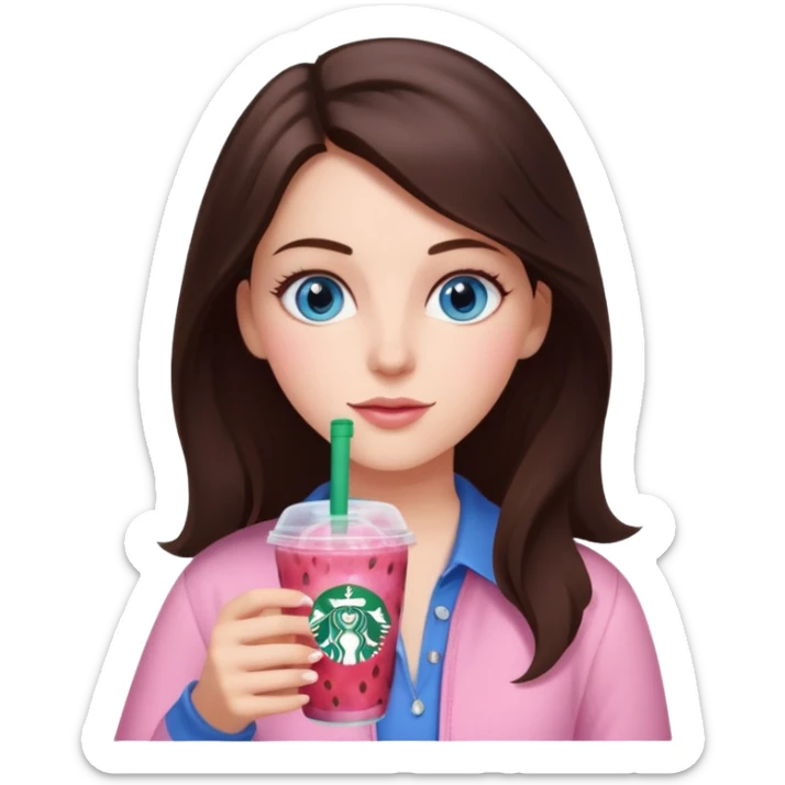 make an emoji of a brunette blue eye girl wearing light pink drinking a strawberry acai refresher from starbucks sticker