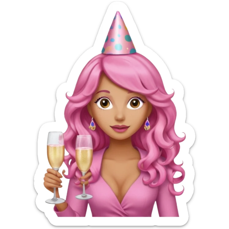 One lady with long pink curled hair and tan skin holding a glass of  pink champagne in each hand sticker