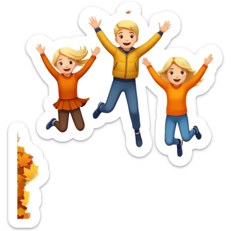 kids jumping into piles of autumn leaves, joyful expressions, colorful fall scene sticker