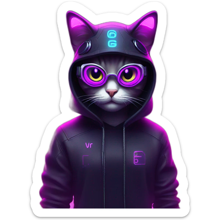 funny cat wearing a black hoodie with "OMG" letters on it and VR headset in a cyberpunk VR environment with violet neon lighting. sticker