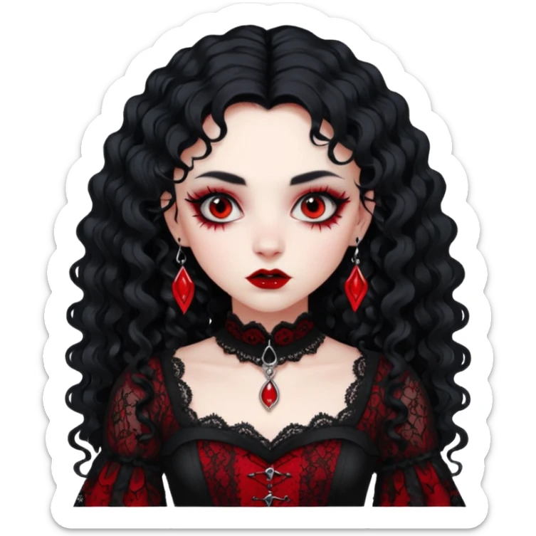 A girl with a red goth vampire look in a black and red goth lace dress with long sleeves and long black curly hair bold look on her face sticker