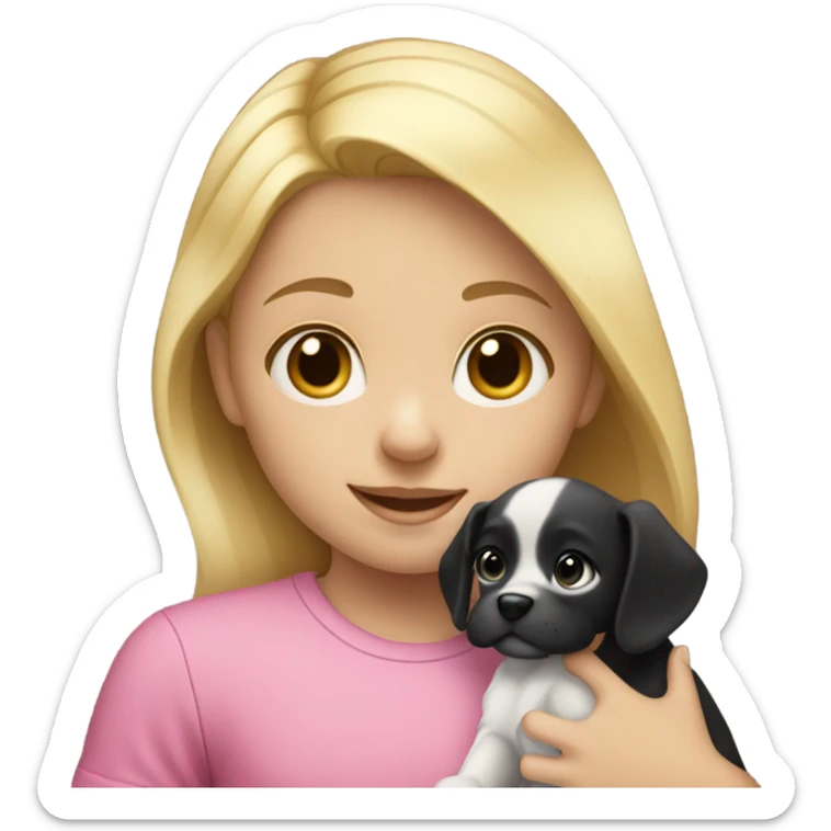 little blonde girl in a pink shirt with a black and white puppy sticker