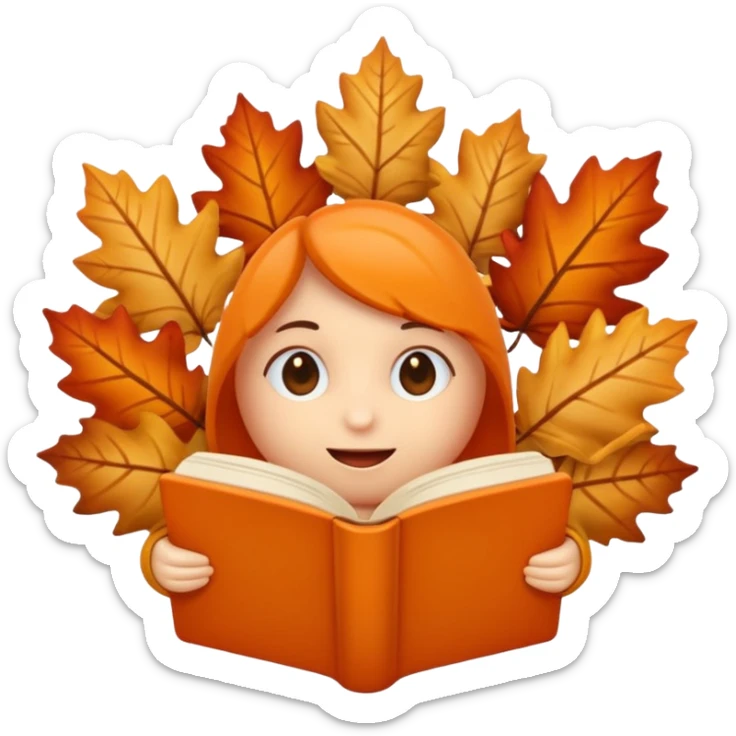 A cute 3D emoji autumn leaves around it, cozy fall colors (orange, brown, beige), playful and modern style, glossy finish, minimalistic but expressive, symbolizing a Fall Reading Challenge. sticker