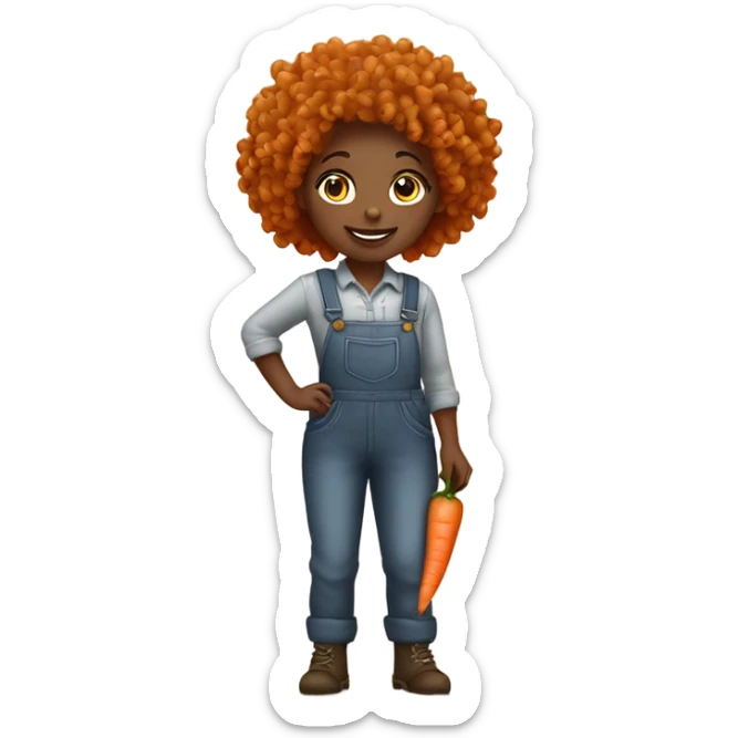 full body farmer girl with curls and curly hair, holding carrots sticker