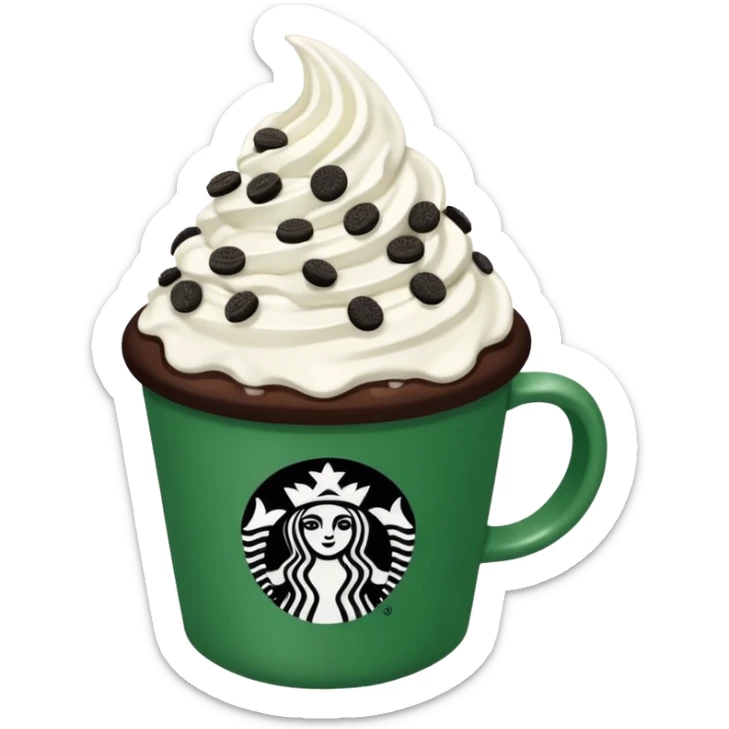  Starbucks hot cocoa with whipped cream and Oreo cookie crumbles in a green Starbucks cup  sticker