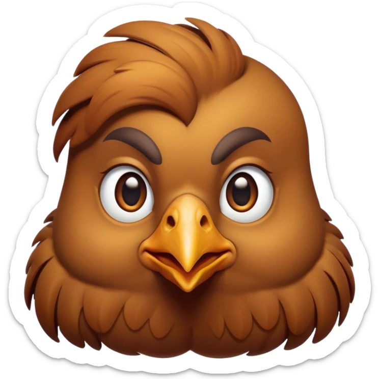 Cinematic Noble Brown Chicken Portrait Emoji, Poised and regal, with a compact, sturdy build and a warm, well-groomed brown plumage, deep-set soulful beady eyes, Simplified yet sharp and sophisticated features, highly detailed, glowing with a soft, dignified glow, high shine, intelligent and earthy, stylized with an air of rustic elegance, focused and attentive, soft glowing outline, capturing the essence of a watchful and confident fowl, so majestic it feels as though it could strut out of the screen with effortless authority! sticker