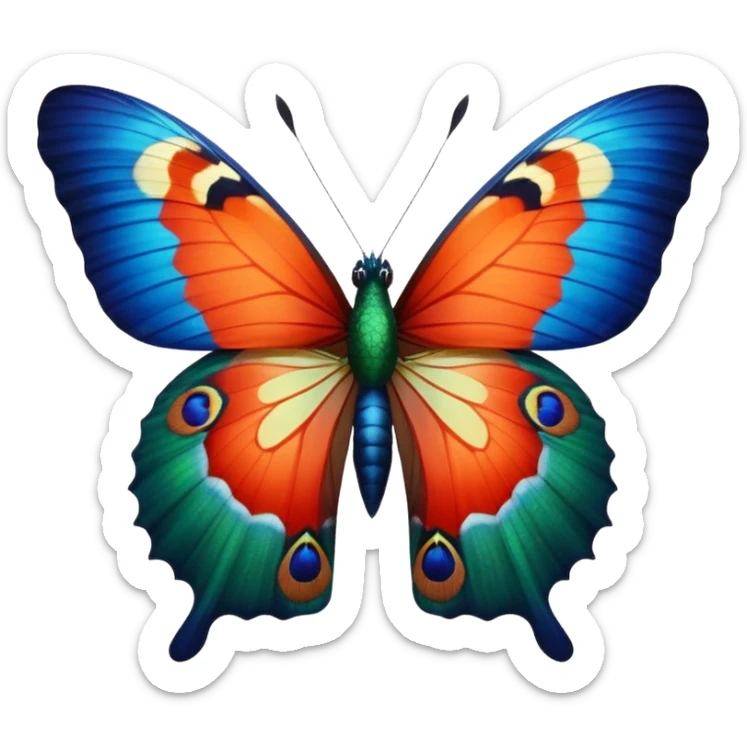Detailed butterfly with actual realistic Peacock Begonia feathers for wings , 3D rendering, detailed, isolated, close up view sticker