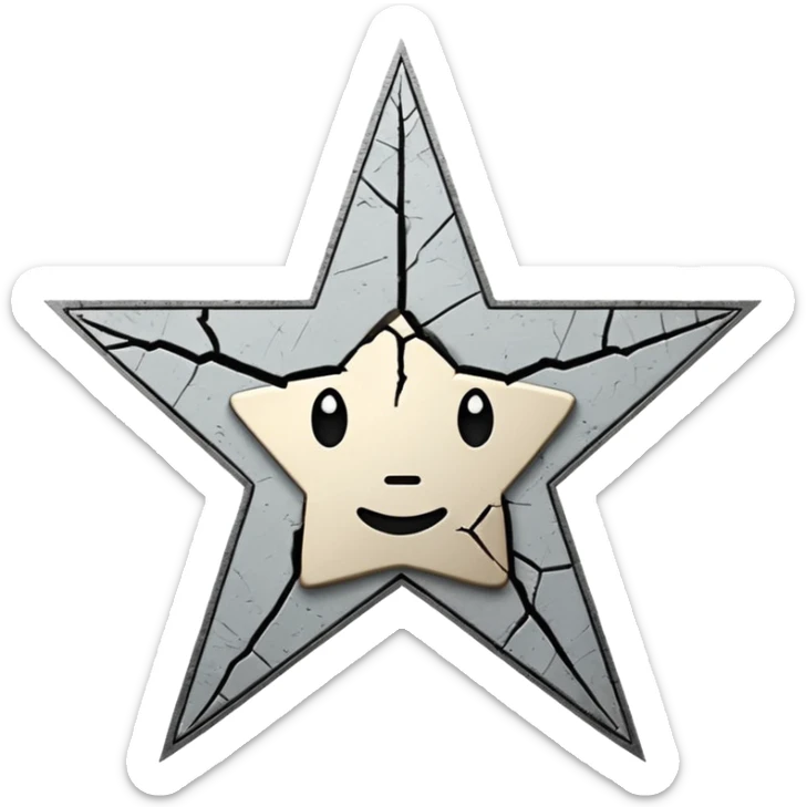 Minimalist emoji-style sticker of a cracked Walk of Fame star with a faint claw mark coming from below, grayscale and ash tones


 sticker
