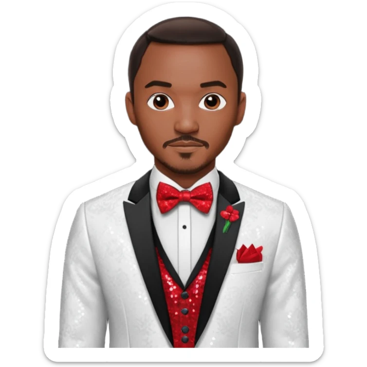 Anthony Mackie with dark brown hair, red shirt, white sequin suit jacket with bow tie sticker