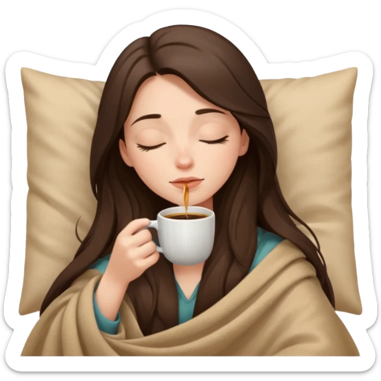 Brunette girl long hair inside a beige blanket sipping coffee eyes closed sticker