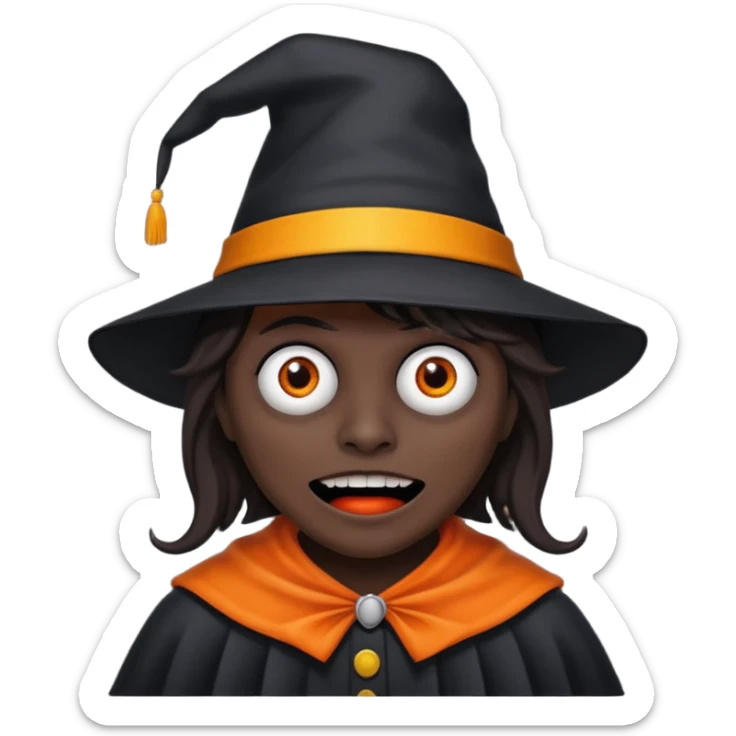scary babadook with with black skin, brown hair and a hat that's bright orange and yellow sticker