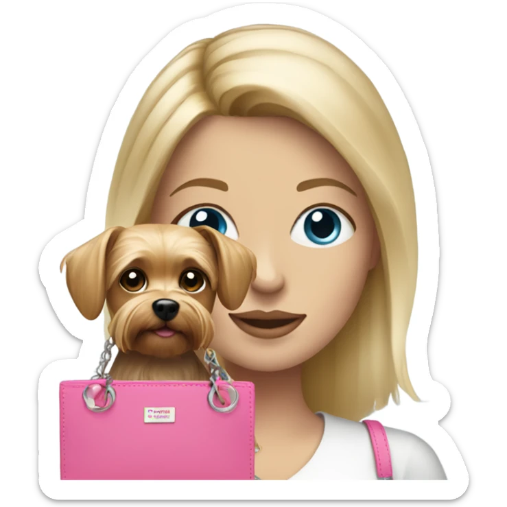 White woman with blonde hair and blue eyes holding pink purse and yorkie dog  sticker