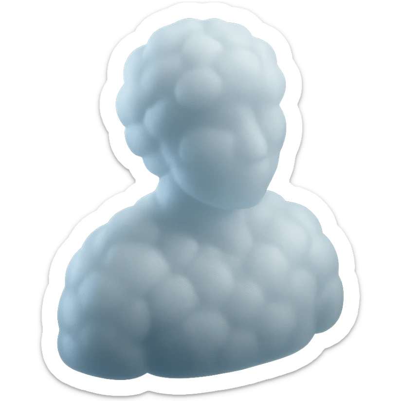 front view of a person composed entirely of white fluffy convex clouds, shoulders visible, matte glass style sticker