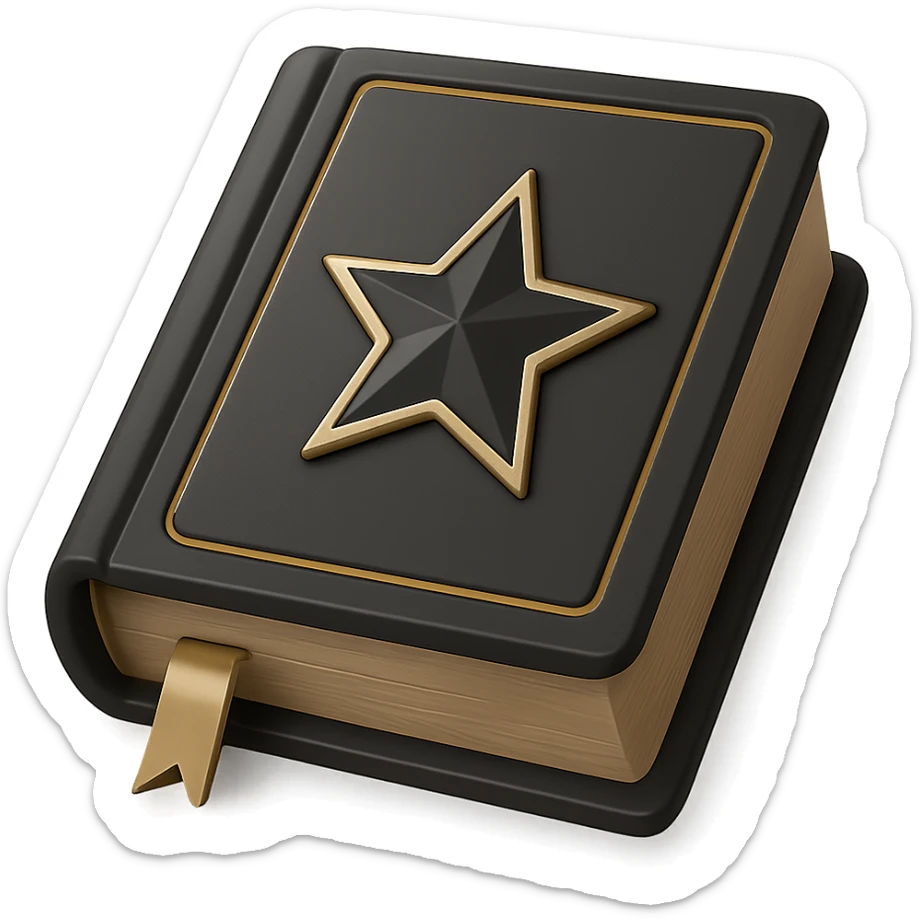 Create a 3D emoji of a robust hardcover rulebook with a matte black cover and sophisticated golden details, no text on the cover, visible annotation details, matching the style of the provided black medal with a golden star, modern and elegant appearance. sticker