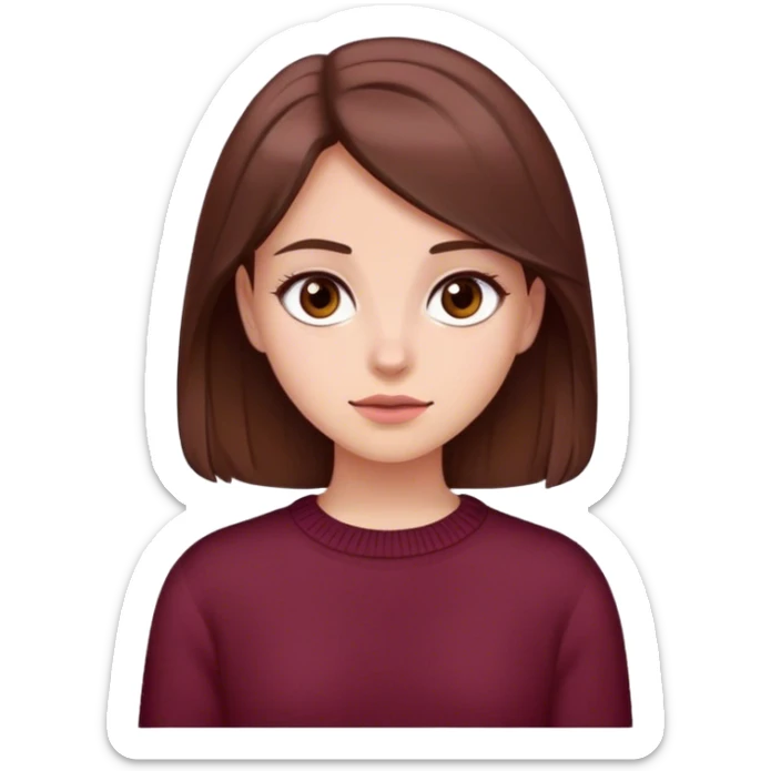 A girl with brown hair smiles, gray-brown eyes, wearing a burgundy sweater sticker