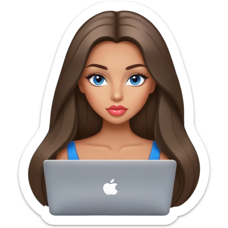 Glamours tanned very beautiful girl with big pump peach lips and dark straight smooth silky long hair, blue-grey eyes with MacBook sticker