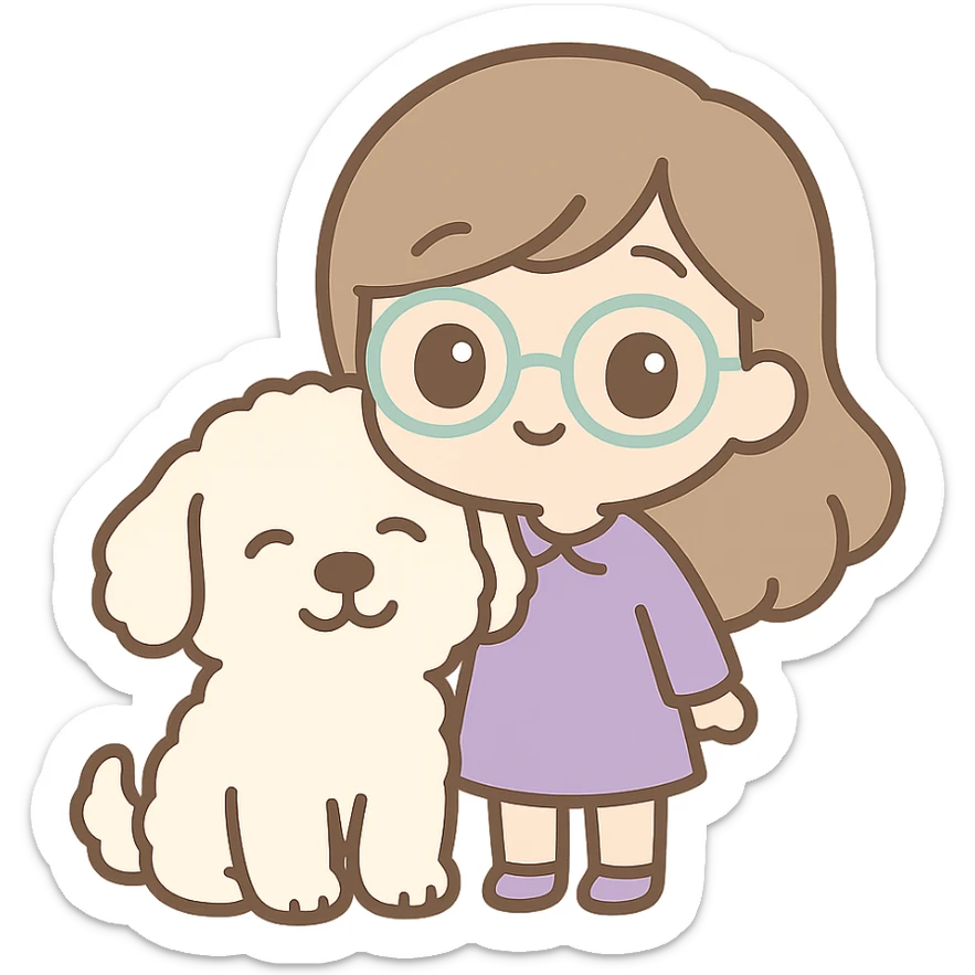 chibi style brunette female with glasses in a purple outfit with her large white or cream colored goldendoodle sticker
