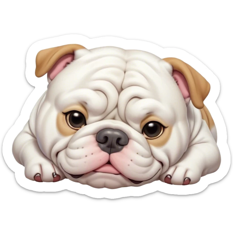 Cinematic Meme-Worthy Chubby Sleeping White English Bulldog Portrait Emoji, Head resting peacefully with a contented smile, showcasing a delightfully chubby build and a luxuriously soft pure white coat, eyes shut in a serene nap, Simplified yet hilariously adorable features, highly detailed, glowing with a soft, drowsy light, high shine, relaxed and utterly lovable, stylized with an air of playful laziness, bright and heartwarming, soft glowing outline, capturing the essence of a comically sleepy guardian, so meme-worthy it feels like it could instantly become the next viral sensation of adorable slumber! sticker