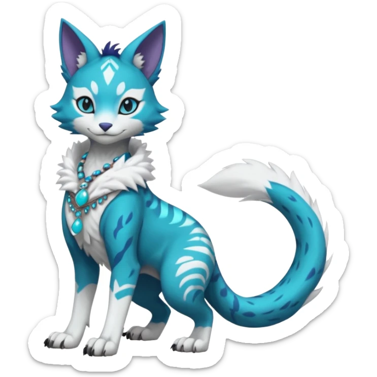 Kawaii cute Indigo Turquoise Grey beautiful pretty elegant divine edgy feline-vernid-sergal-Fakémon-Pokémon-Digimon-fursona-animal-creature, full body, with intricate detailed markings, silken shawl, decorative anklets sticker